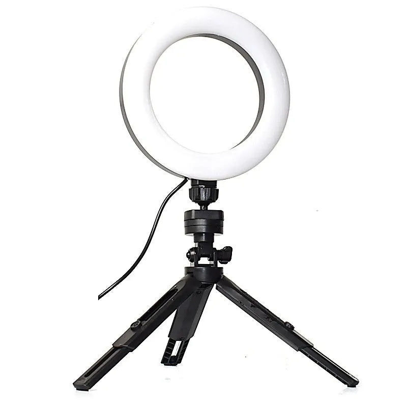 Black desktop mobile phone tripod with adjustable fill light bracket for live streaming