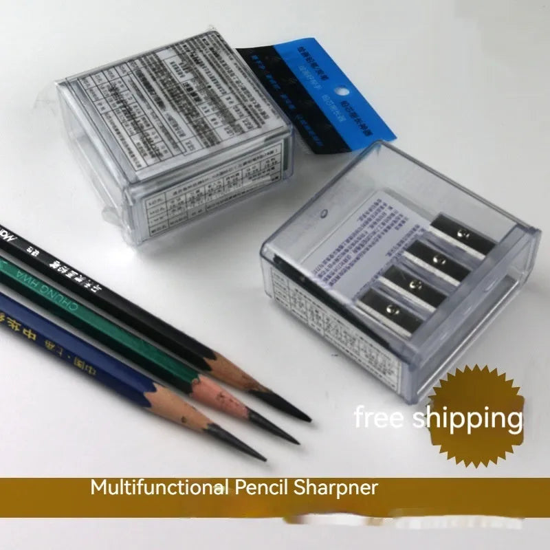 Geometric-shaped plastic pencil sharpener with four holes, four blades, and a screwdriver on a white background.