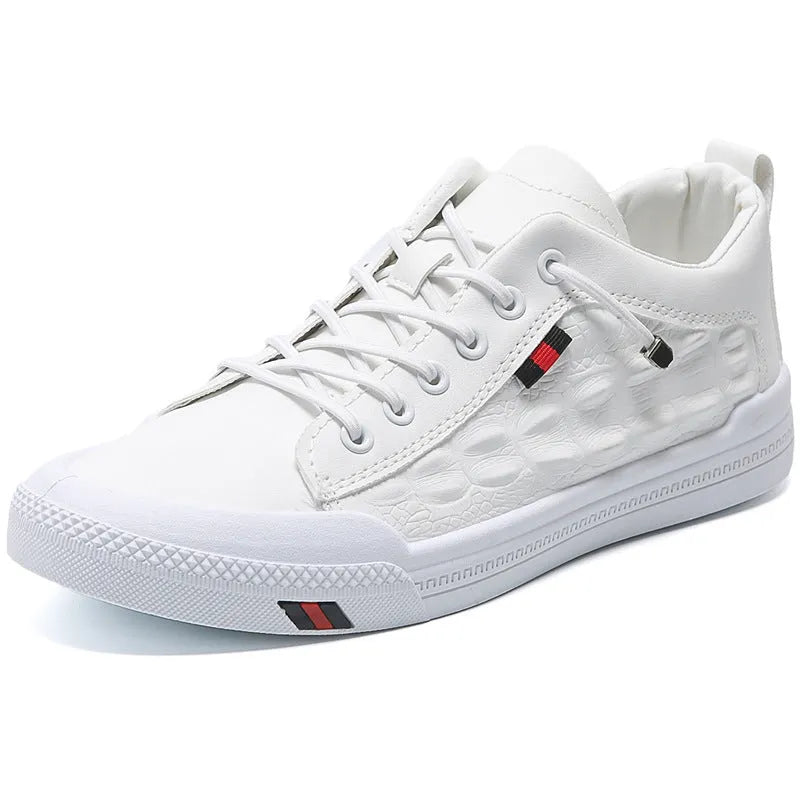 Men's white lace-up casual sneakers with PU leather upper and round toe on a rubber sole.