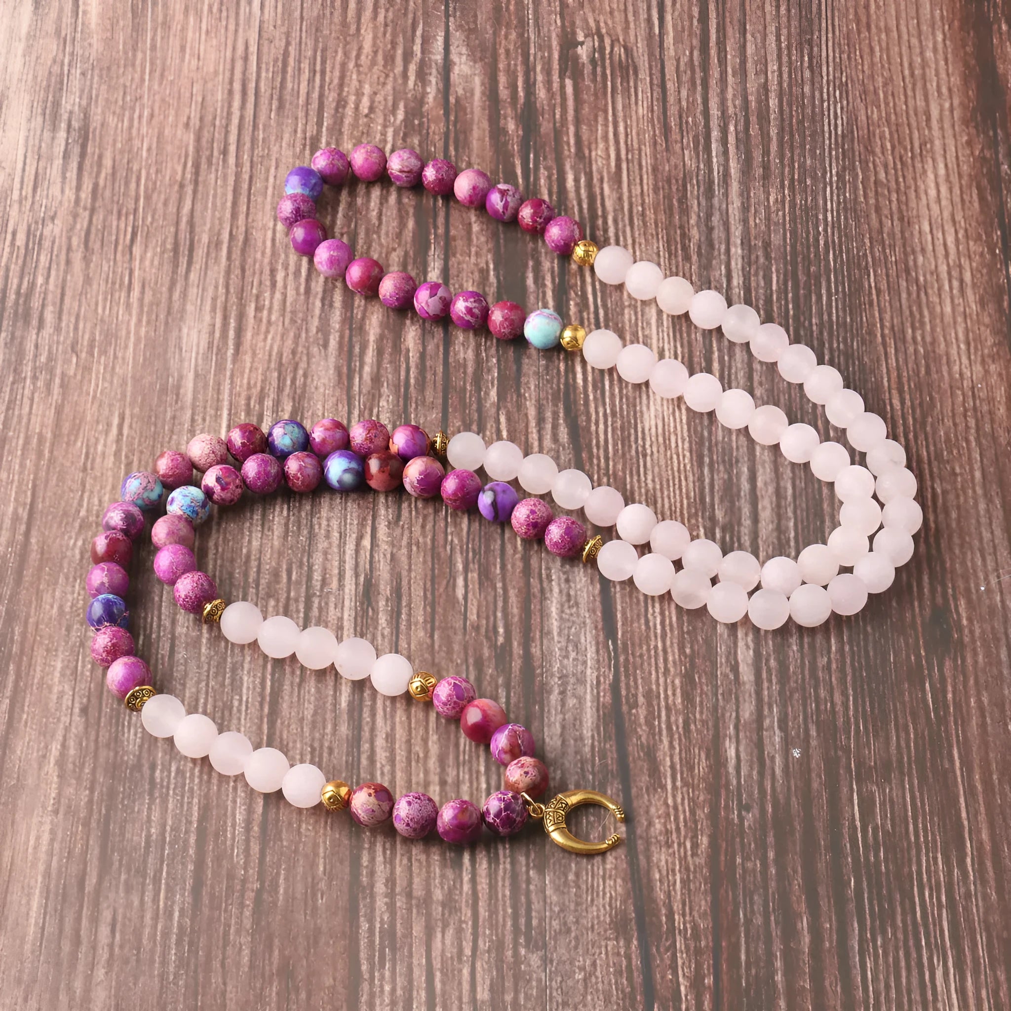 Pink crystal Emperor Stone beads pendant necklace on single chain for unisex casual wear