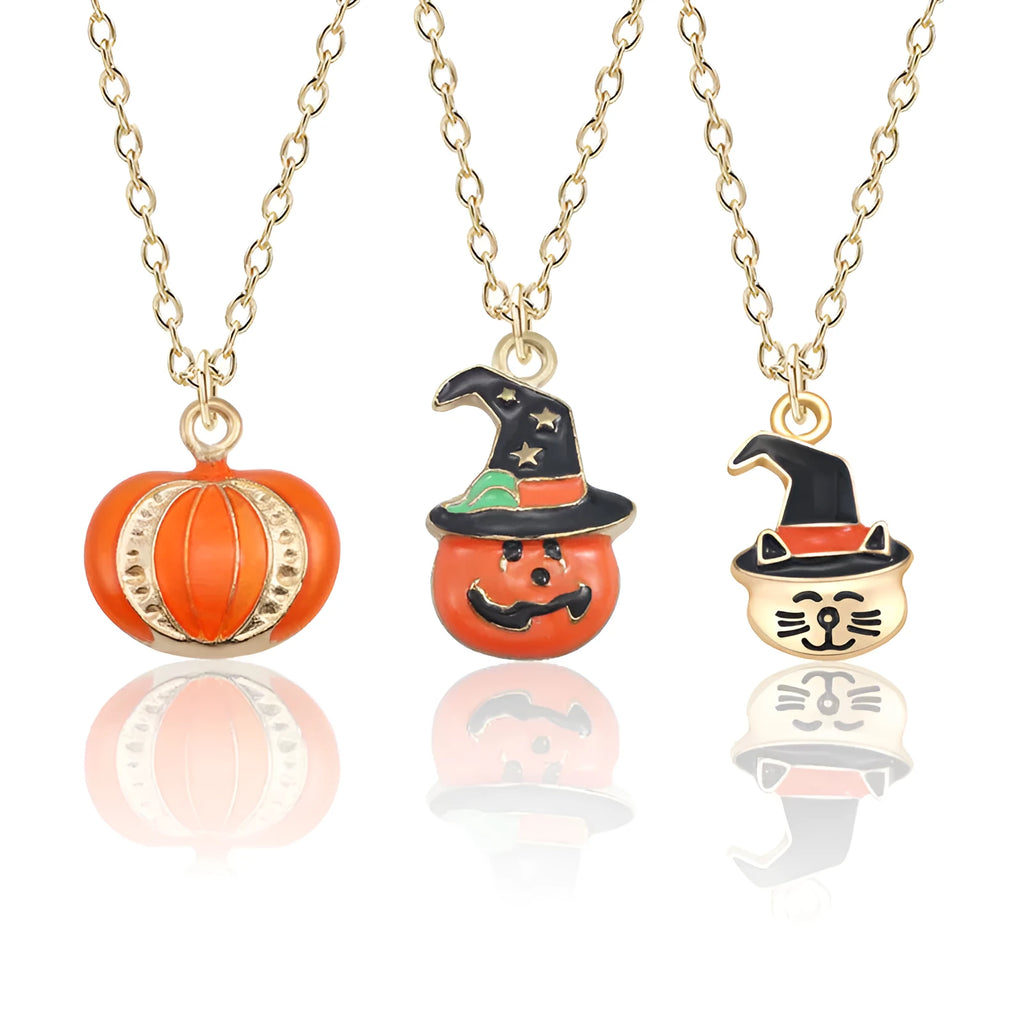 Halloween oil drop necklace with Cat head, Pumpkin, or Pumpkin hat pendant on a 45+5cm alloy clavicle chain