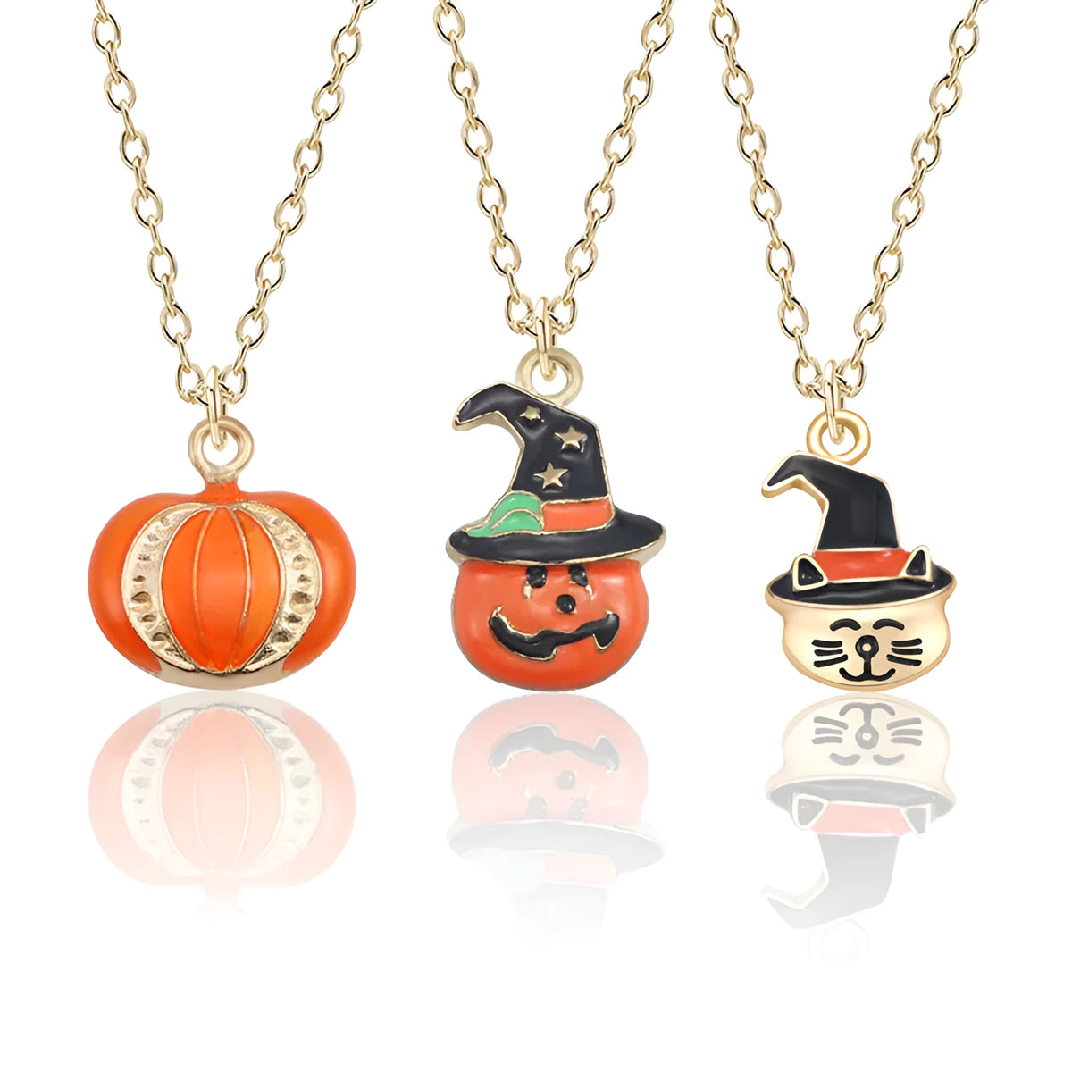 Halloween oil drop necklace with Cat head, Pumpkin, or Pumpkin hat pendant on a 45+5cm alloy clavicle chain