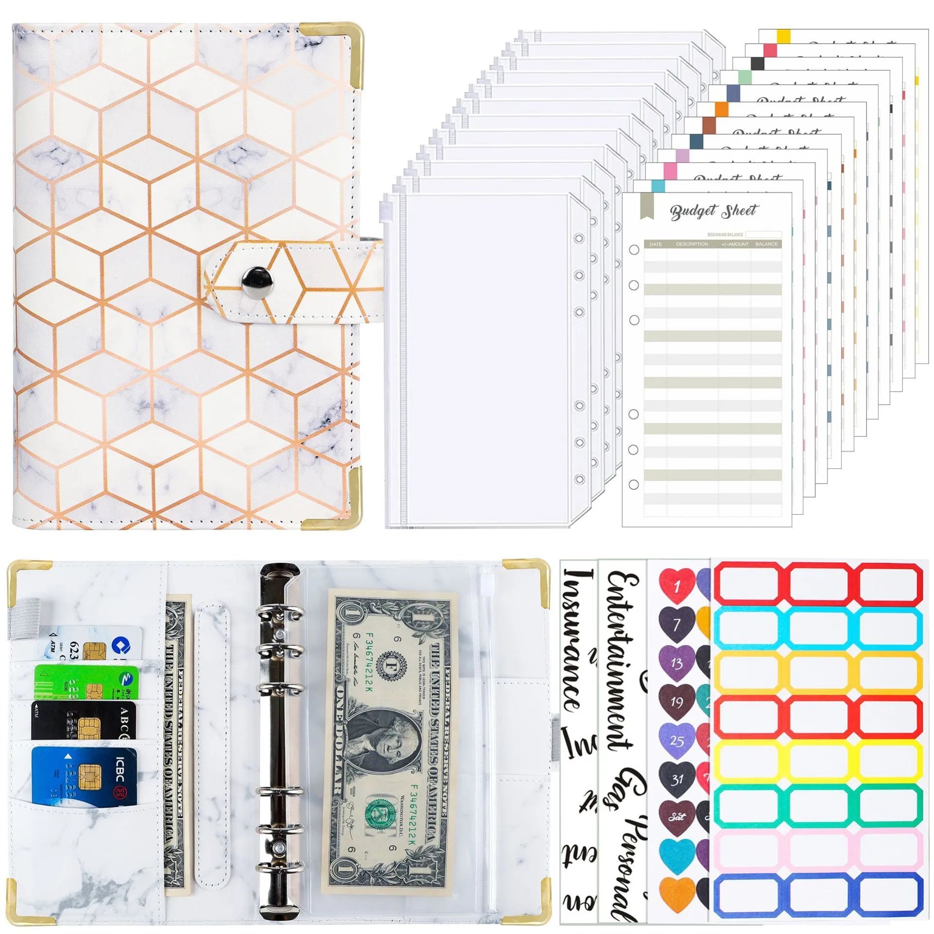 A6 loose-leaf budget notebook with UV blue gray printed cover, ring binder, and budget cards set