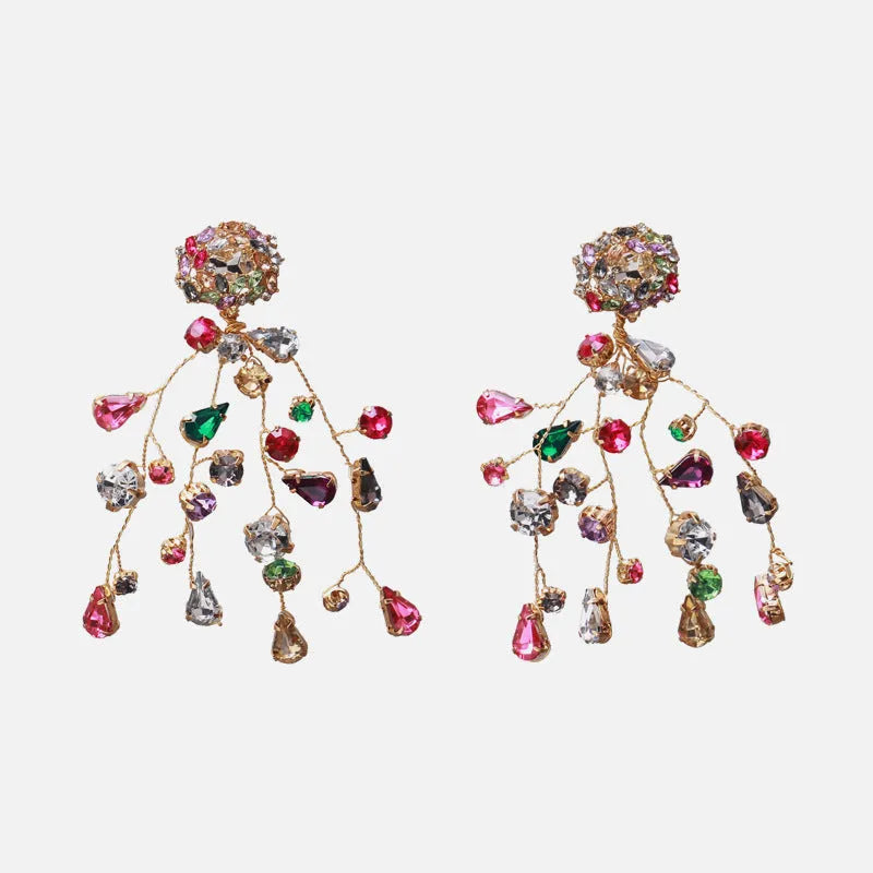 Colourful rhinestone flower stud earrings with retro and Thai silver style