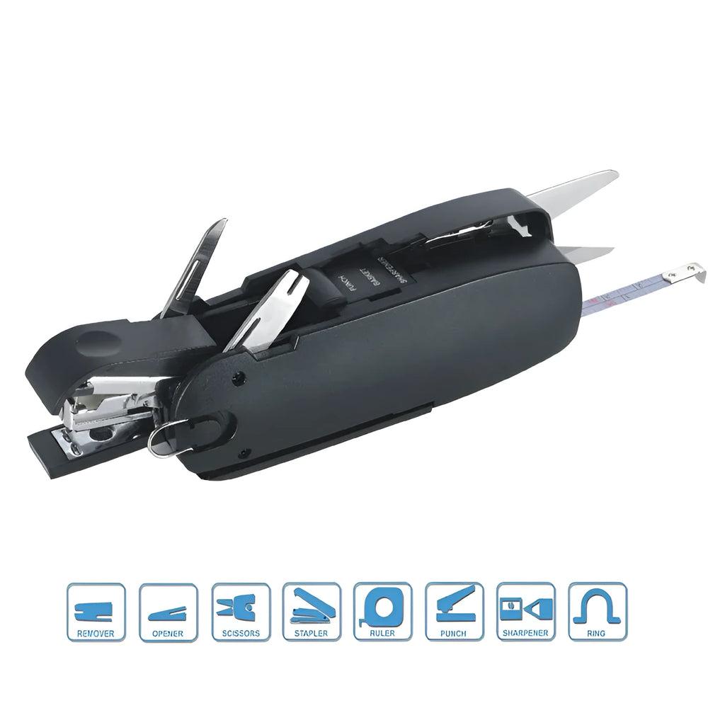 KOONSLED black multifunctional mini stapler with staple remover, 113x38x33mm size, on white background