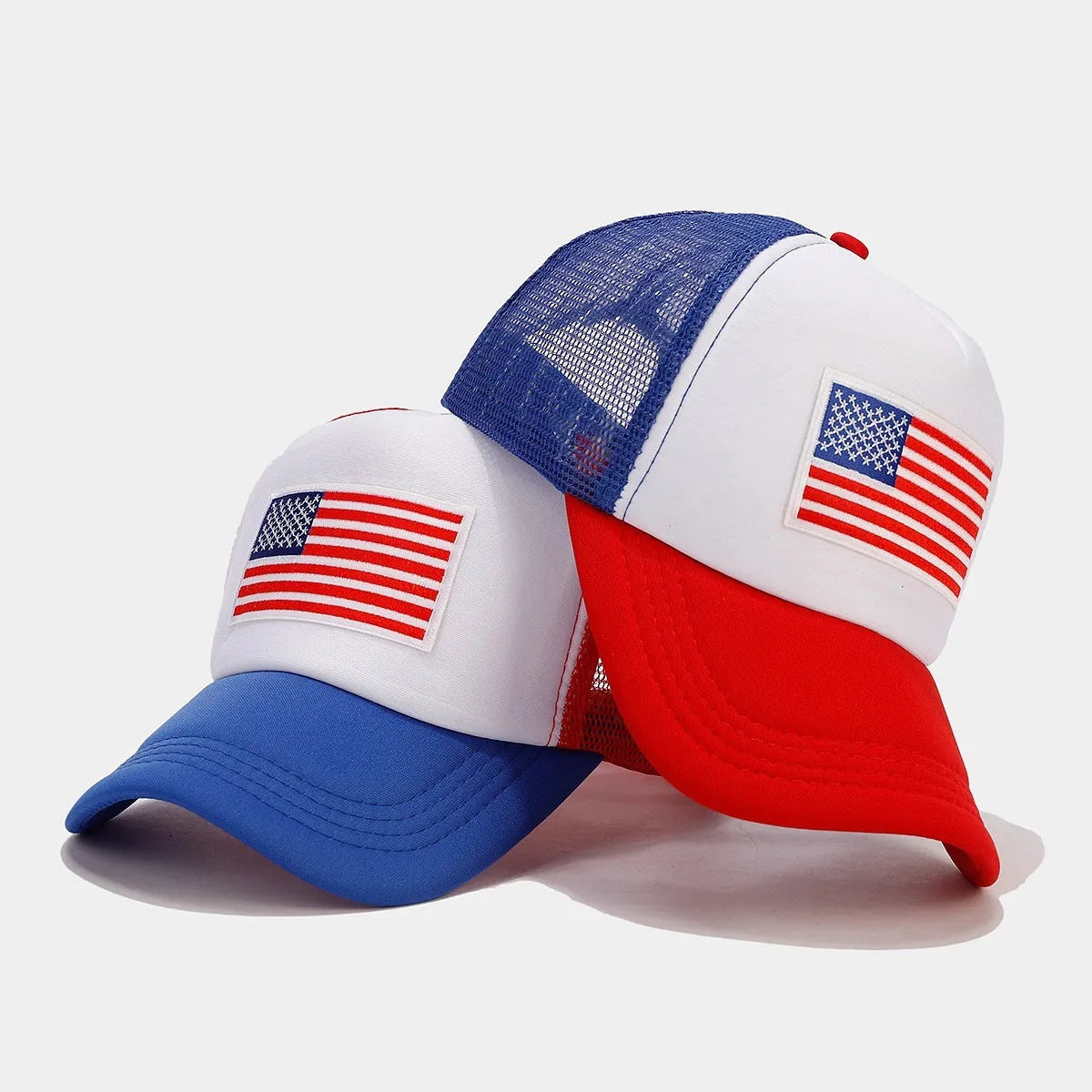 Red and blue contrasting mesh baseball cap with adjustable fit and breathable space cotton construction