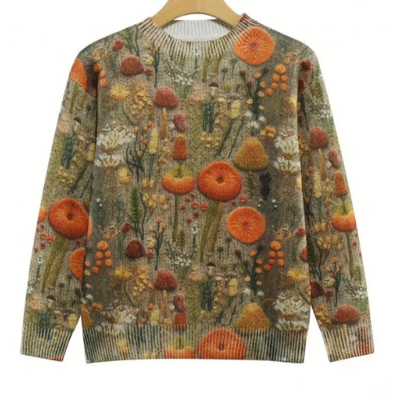 Women's round neck long sleeve sweater with a digital floral print pattern.
