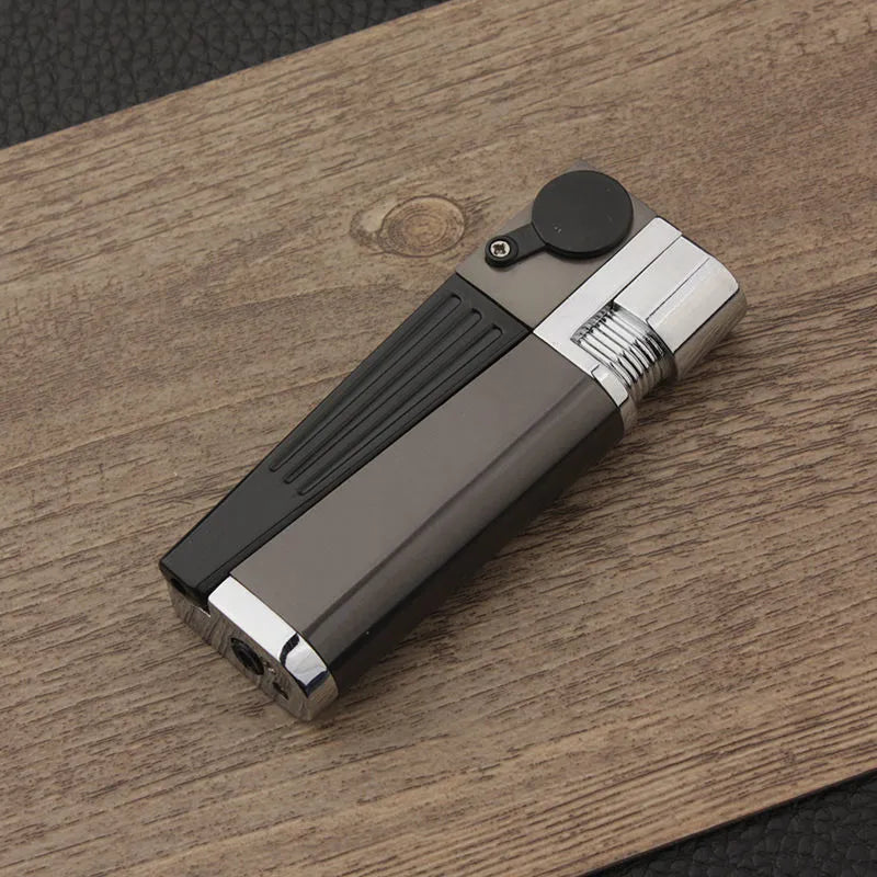 Refillable metal pipe lighter with foldable design showing silver square cover and compact 9.2cm size