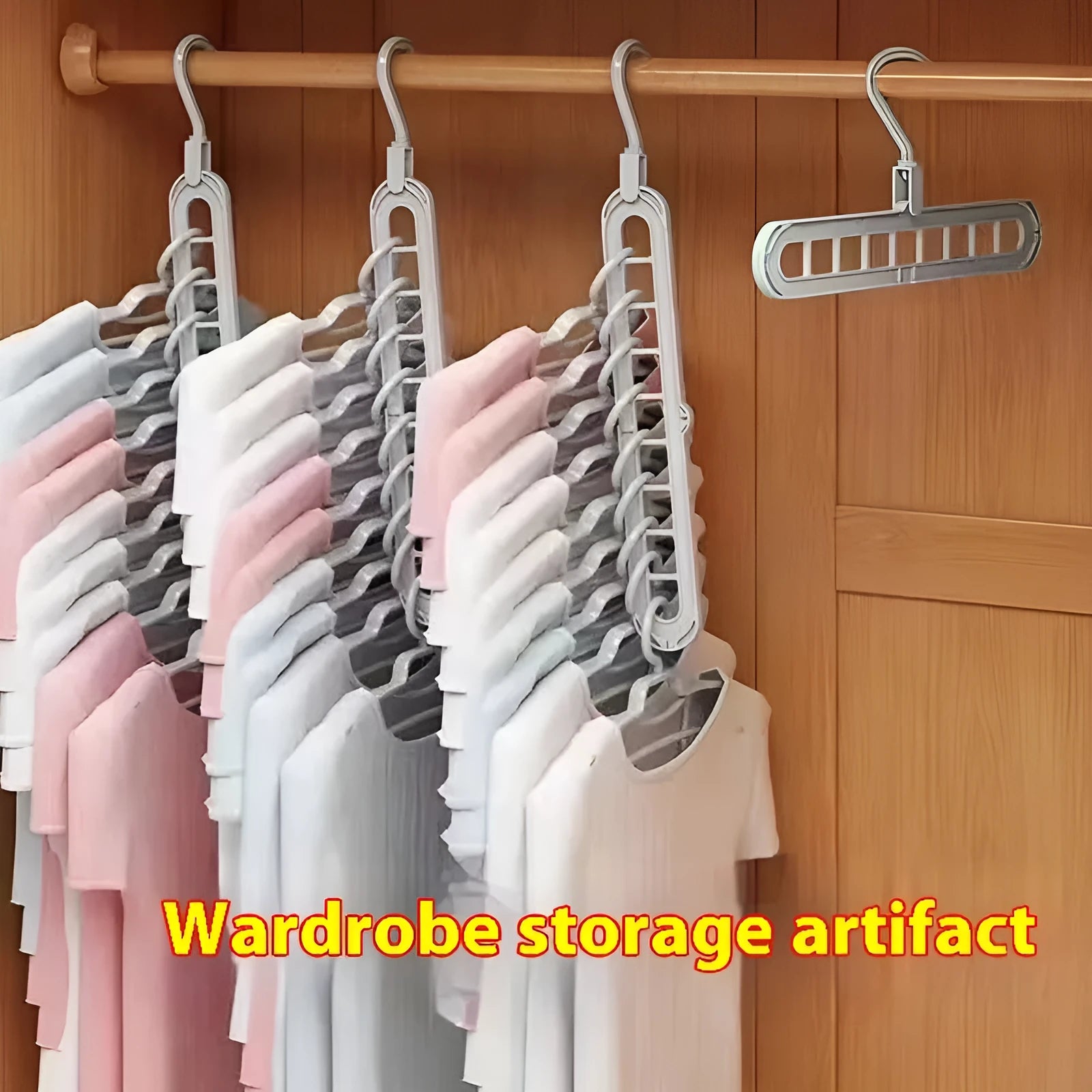 Plastic nine-hole hanger for folding trousers in beige, blue, green, grey, or pink.