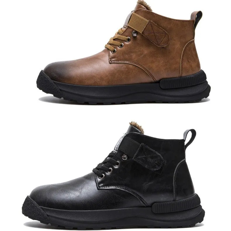Black and brown high-top platform Martin boots for men with artificial PU leather upper and rubber sole