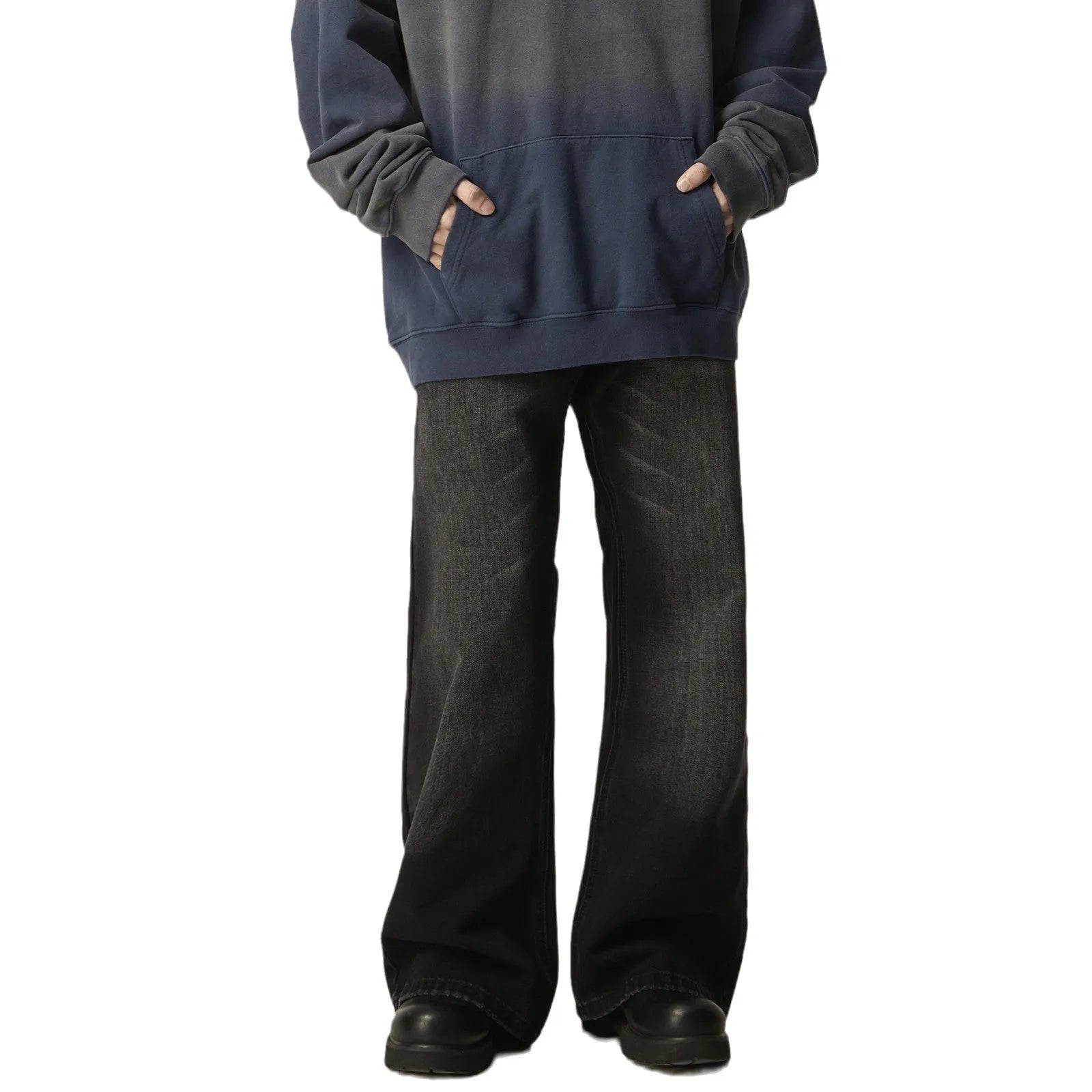 Black loose-fit straight-leg retro jeans with a zipper fly on a mannequin