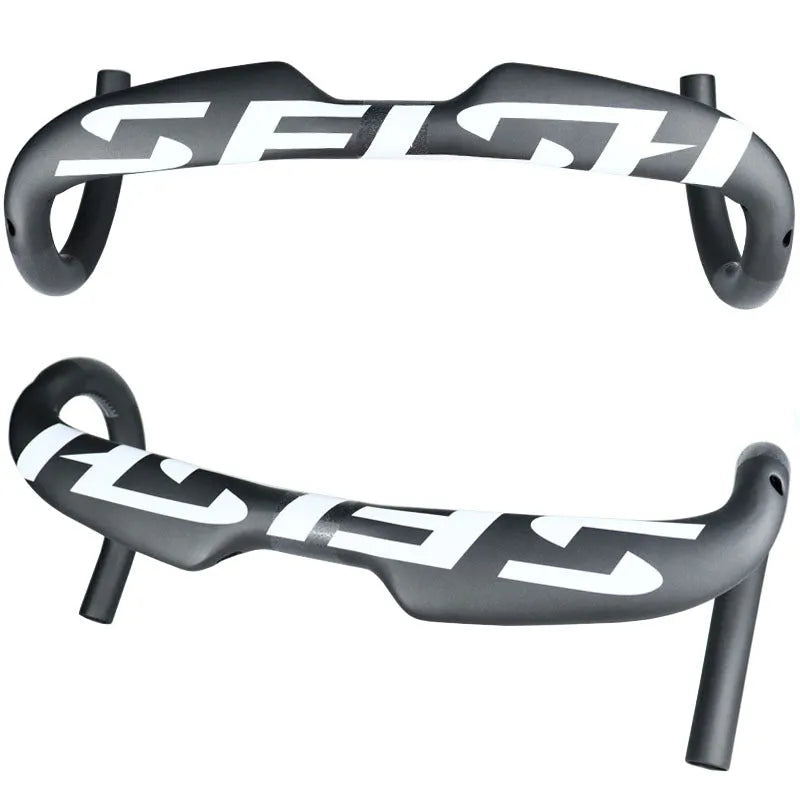 Carbon fibre road bike drop handlebar shown in black, white, or matte white finish, with 31.8mm clamp.