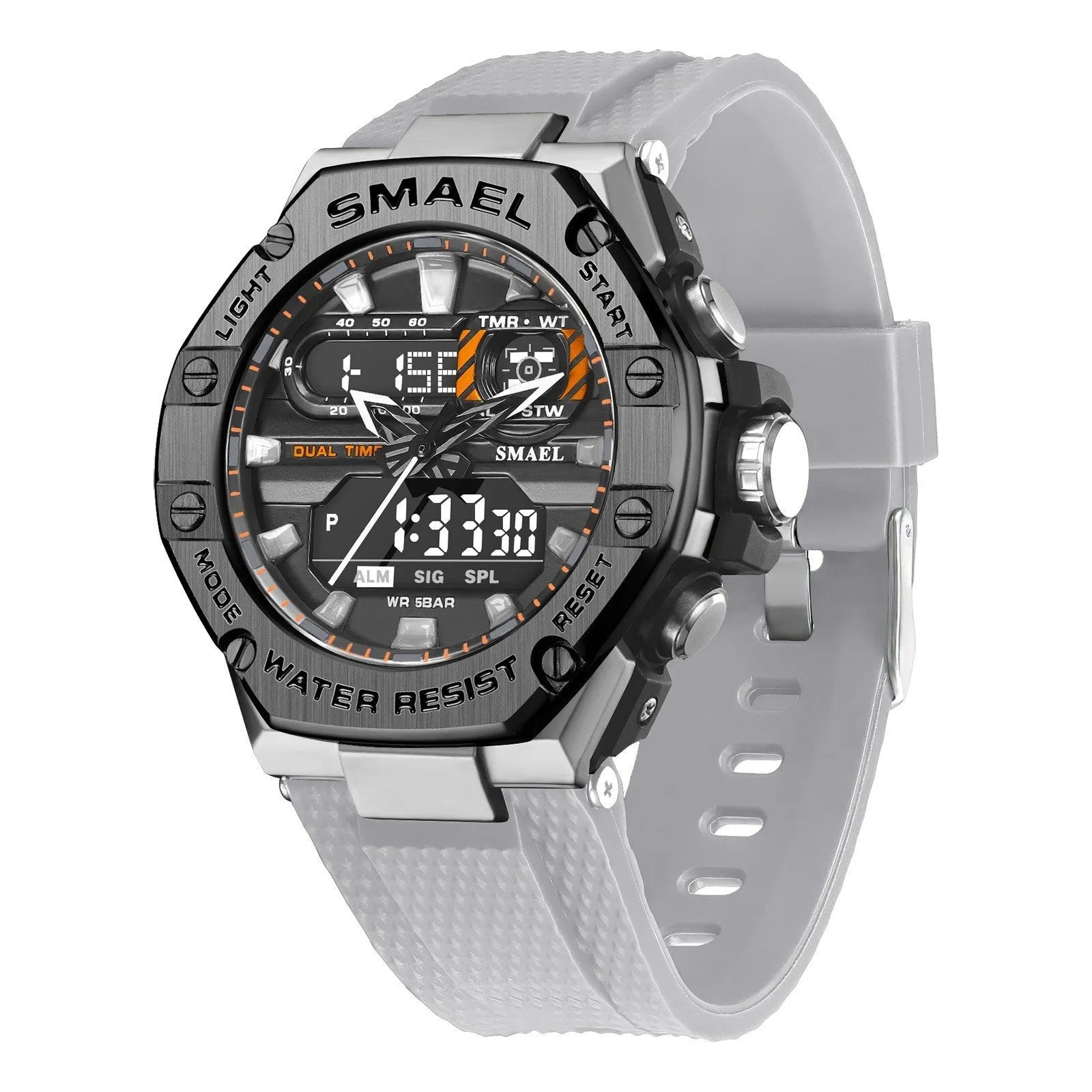 Digital alloy electronic watch for men with 47mm dial, dual movement, and 50m water resistance in Steel Blue