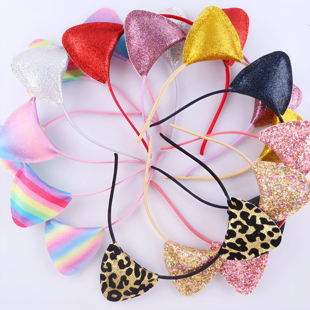 Cat ear headband hair pin for women in cloth with gradient stripe rainbow and leopard print colour options