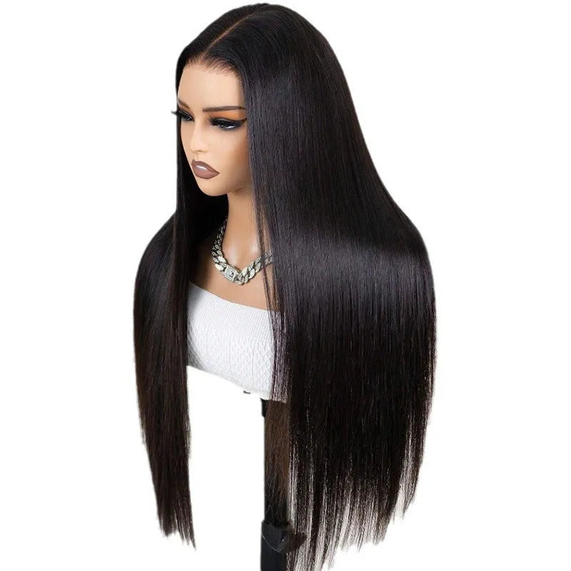 Straight black human hair wig with 13x6 Swiss lace front, shown in a long length