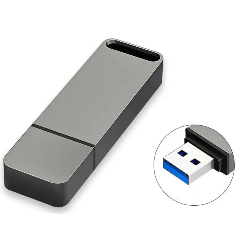Creative metal USB flash drive in black, red, or silver, showing capacity options from 1TB to 16TB.