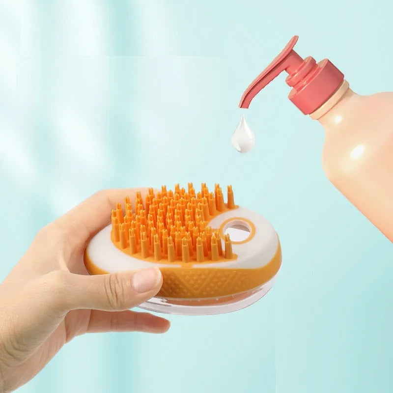 2-in-1 dog cat bath brush with soft silicone bristles and non-slip grip in pink