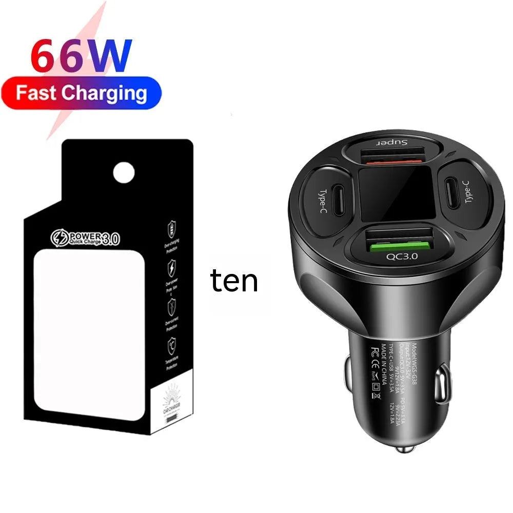66W digital display car charger with two USB and two Type-C ports for vehicle fast charging