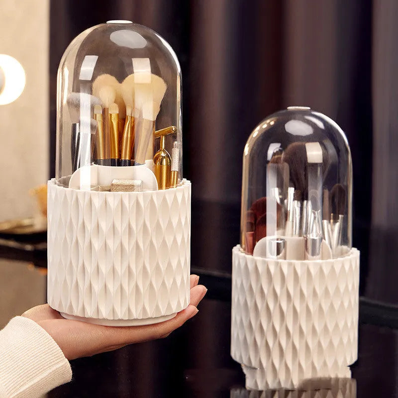 White rotating transparent acrylic makeup brush storage box with dustproof lid on desktop