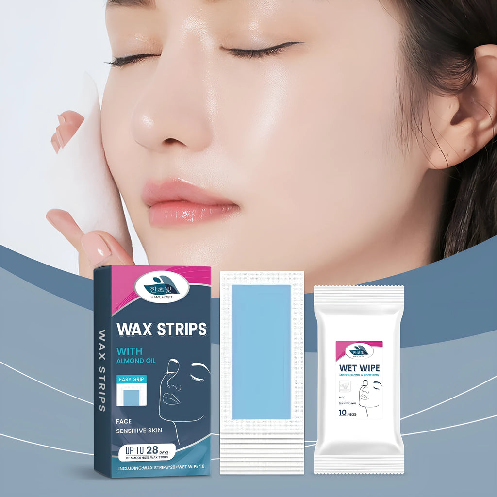 HANCHOBIT facial hair removal wax strips and wet wipes pack, showing 20 wax strips and 10 cleansing wipes
