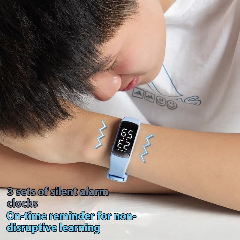 Smart waterproof electronic watch with vibration alarm on silicone strap, showing LED display and ABS case