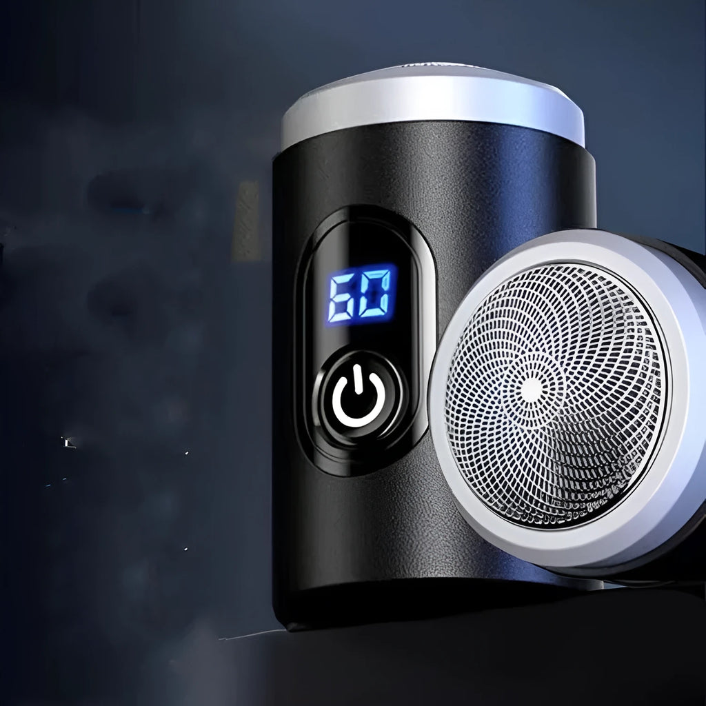 Black portable USB rechargeable shaver with LED display on a clean background.
