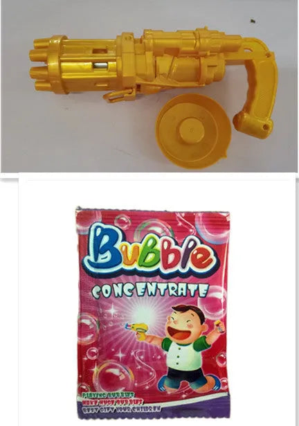 Kids bubble machine gun toy in pink, gold, or black colours with battery compartment and bubble solution