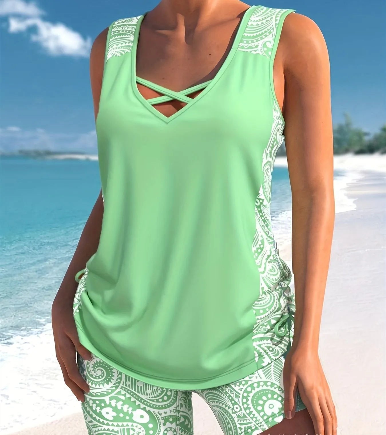 Women's printed two-piece swimsuit with boxer shorts in polyester fabric.