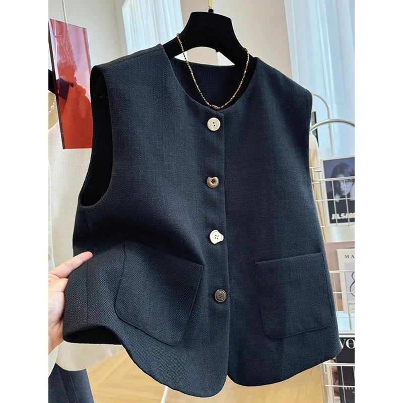 Women's milky white sleeveless bandage vest with round neck, laid flat on a surface.