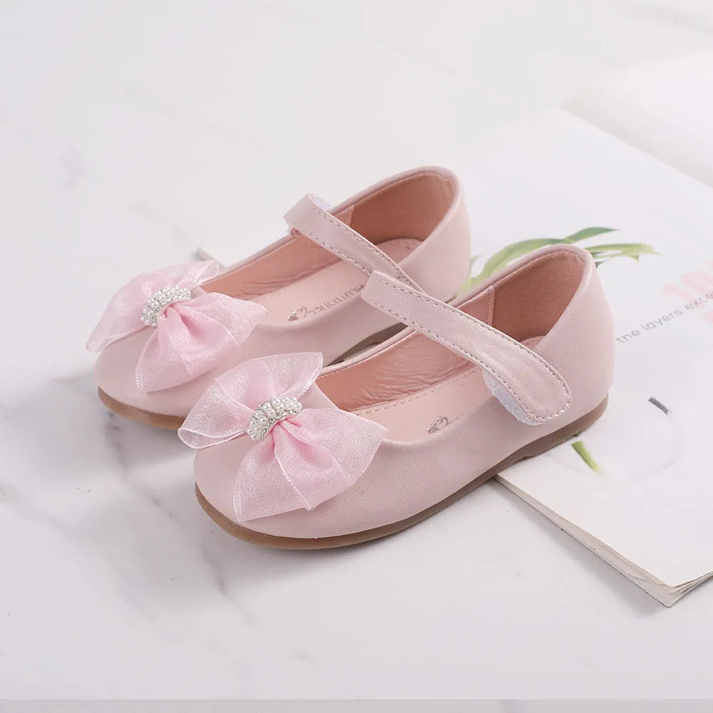 Princess PU leather bow flower girl shoes in beige with Velcro closure and low top design