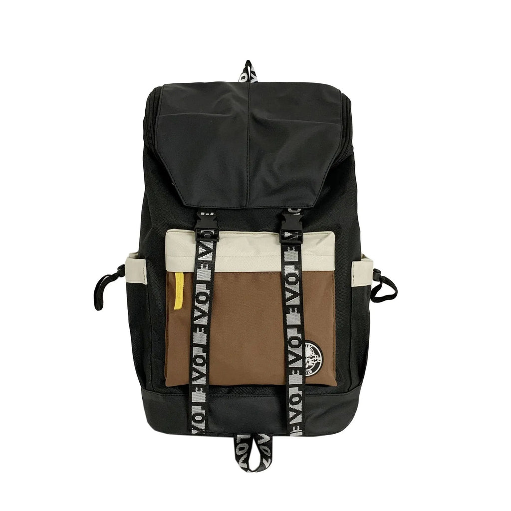 Oxford cloth school backpack in black, green, or red colour options.