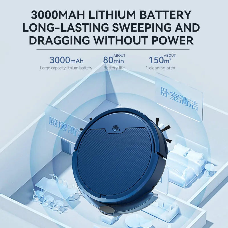 Intelligent sweeping robot with large water tank, 2000 Pa suction, in black, for floor cleaning