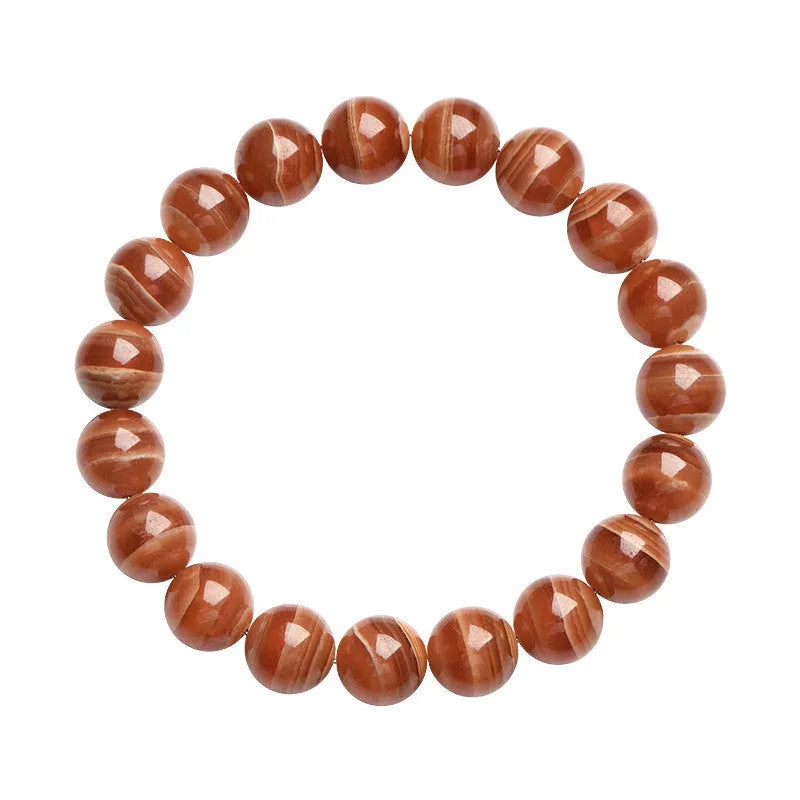 Natural old mine rhodochrosite round bead bracelet with ruyi detail, shown in 6mm and 8mm size options.
