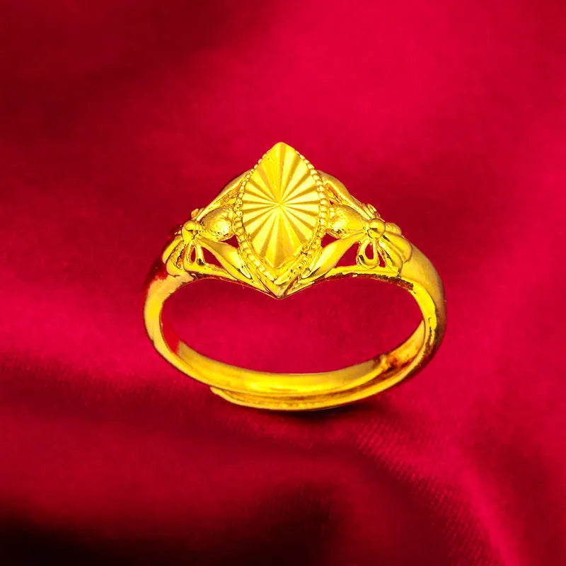 Women's gold electroplated brass ring with open diamond flower geometric texture design