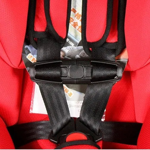 Black nylon seat belt buckle clip for child car seat harness measuring 14.5cm by 4cm