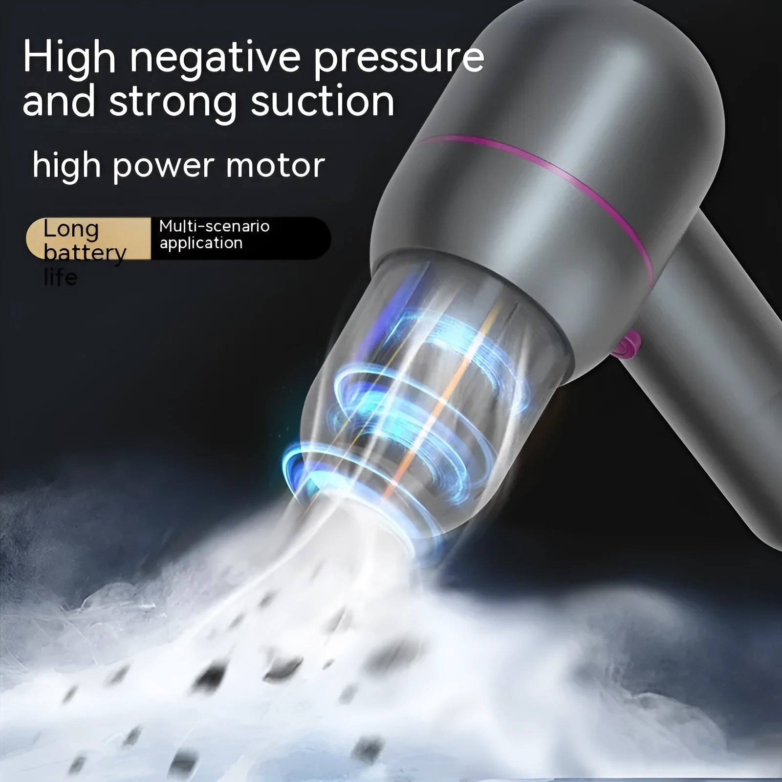 Grey handheld cordless car vacuum cleaner and inflator with brush nozzle and extended nozzle.