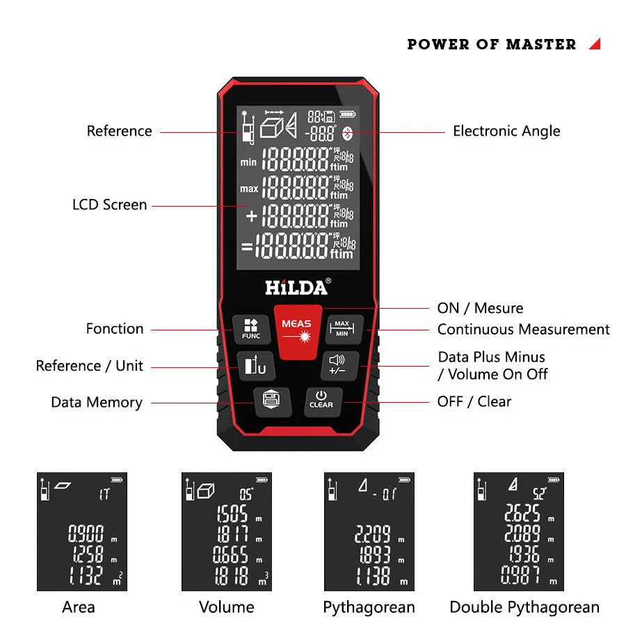 Plastic laser rangefinder device for measuring distances up to 120 metres.