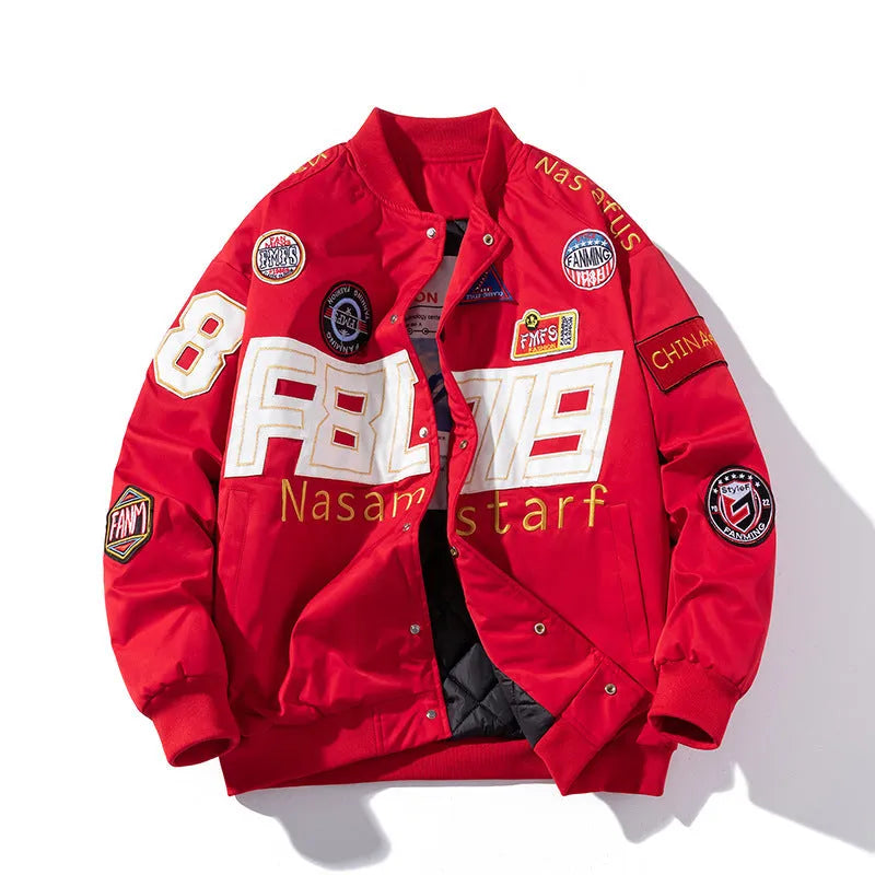 Black cotton-padded American motorcycle baseball jacket with a removable hood and side pockets.