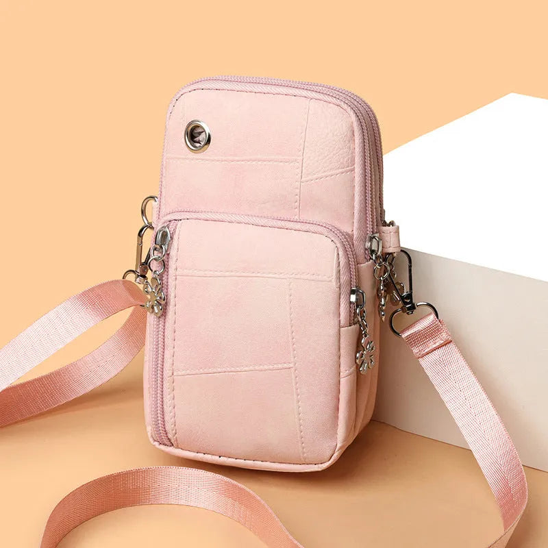 Mini vertical PU phone bag with polyester lining and sandwich pocket in black brown pink water blue