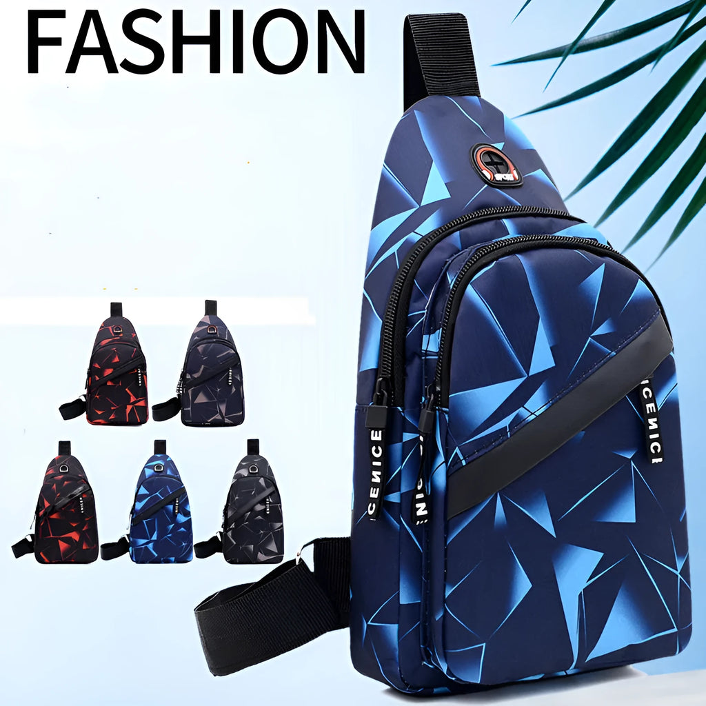 Blue Oxford cloth sling bag with a crossbody strap, earphone hole, and zipper pocket.