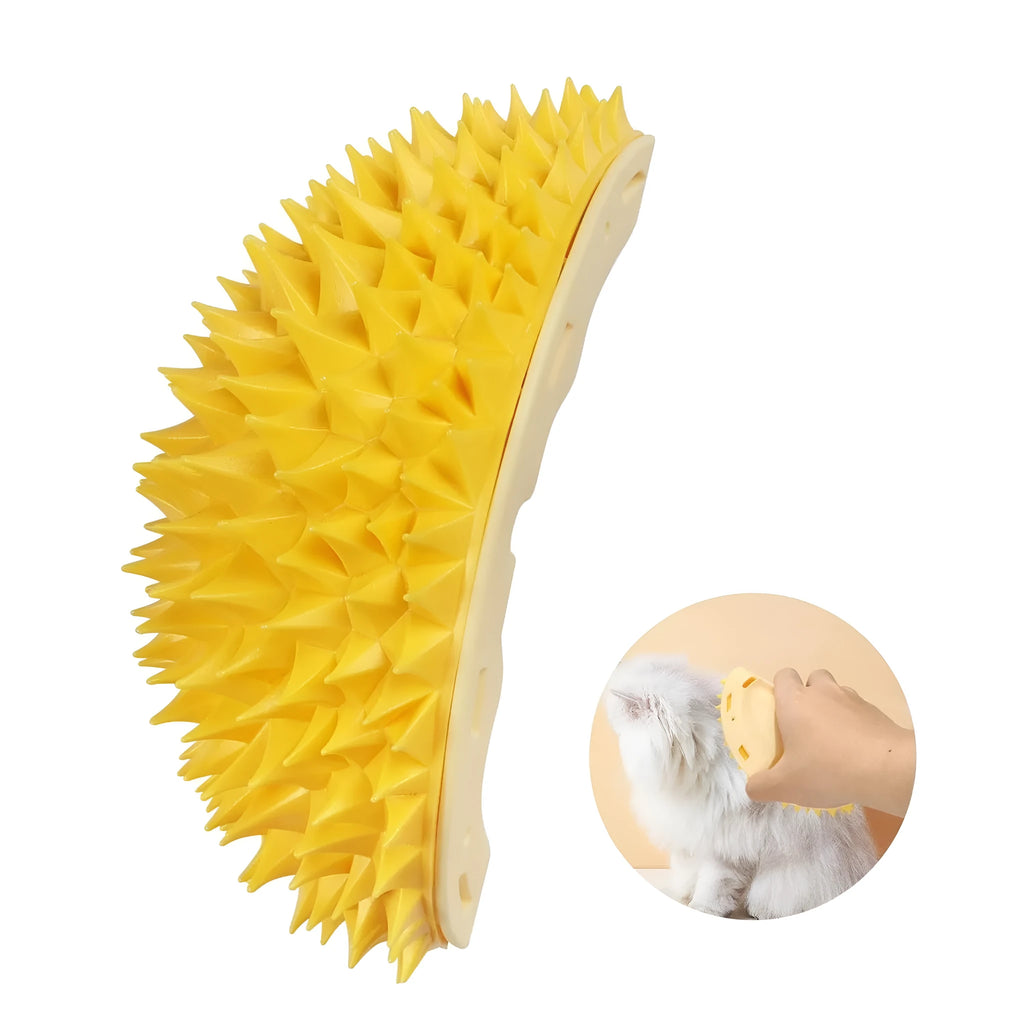 Yellow durian-shaped cat corner scratcher and grooming comb mounted on a wall corner.