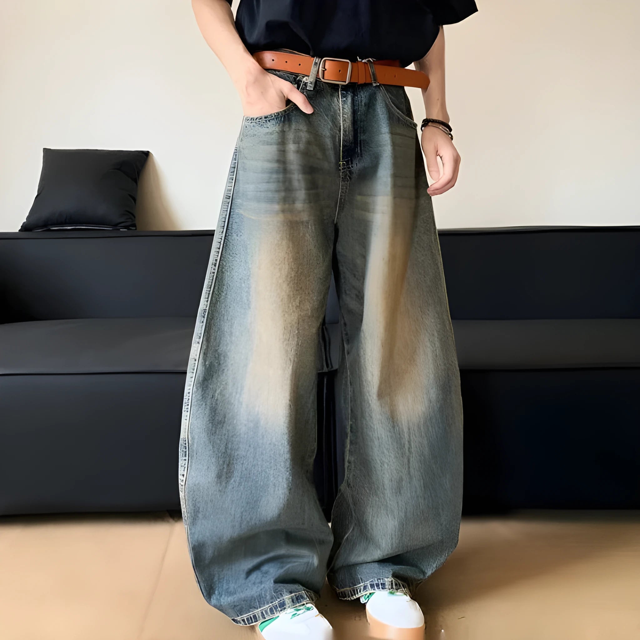 Men's retro blue distressed denim wide-leg trousers with micro elastic cotton blend fabric
