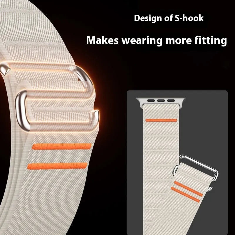 Elastic nylon watchband with stainless steel buckle for Apple Watch, shown in multiple colour options.