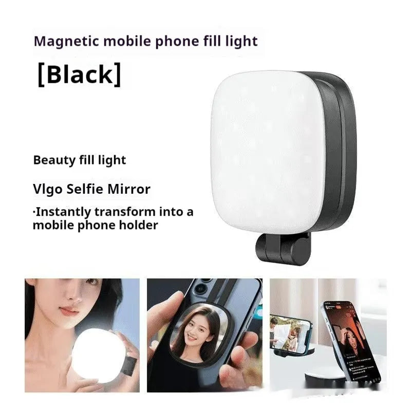 Mini portable makeup mirror fill light with magnetic phone holder in black or white