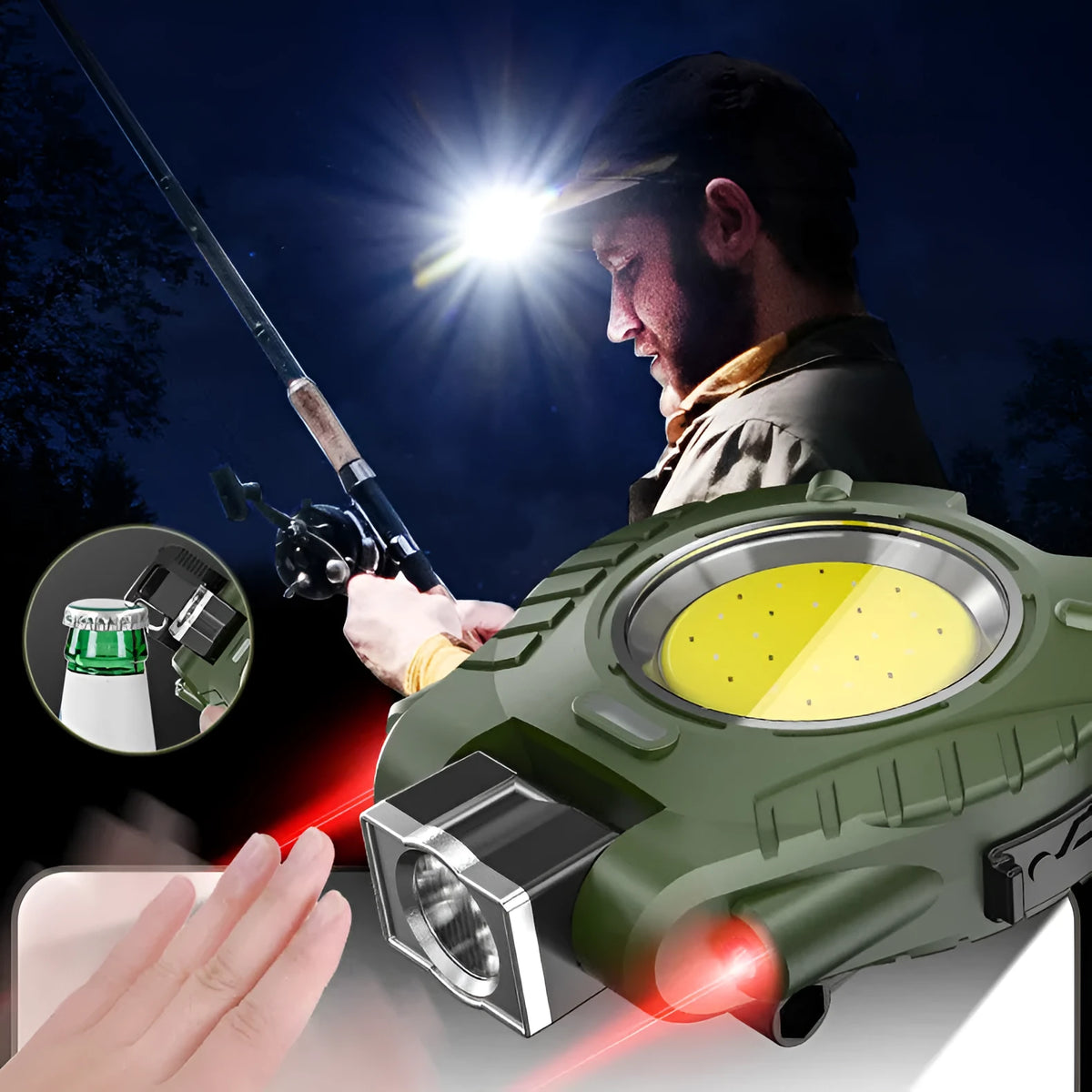 Black cap clip lamp with LED and COB wick clipped onto a cap brim showing red light mode