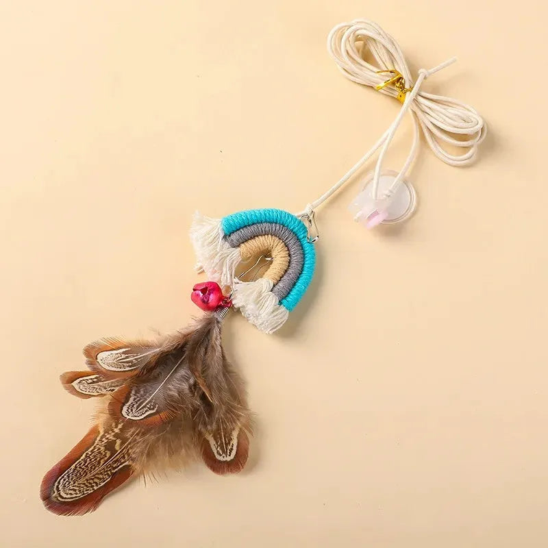 Feather cat rope toy with elastic door swing and sticky buckle clamp in blue, green, or pink colours