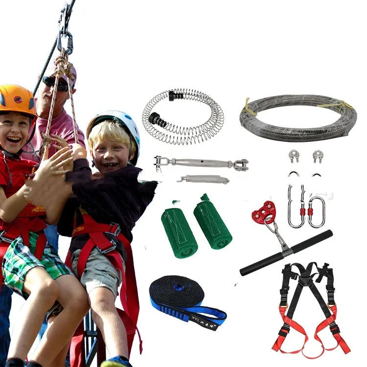 Ziptreck 10 metre pulley slide rope kit with handle, alloy steel pulleys, locks, and tree protection sleeves.