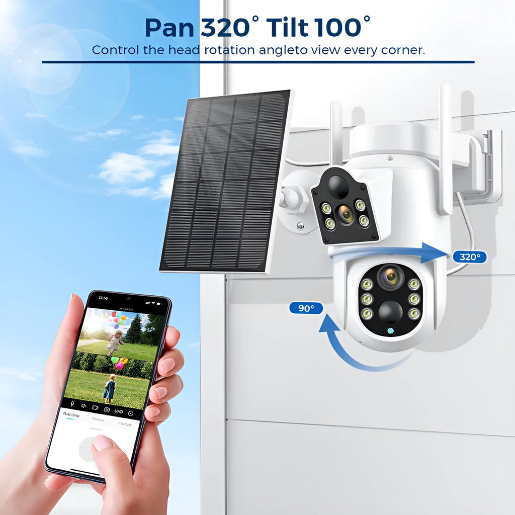 Outdoor solar-powered wireless security camera with solar panel in black and white colour option