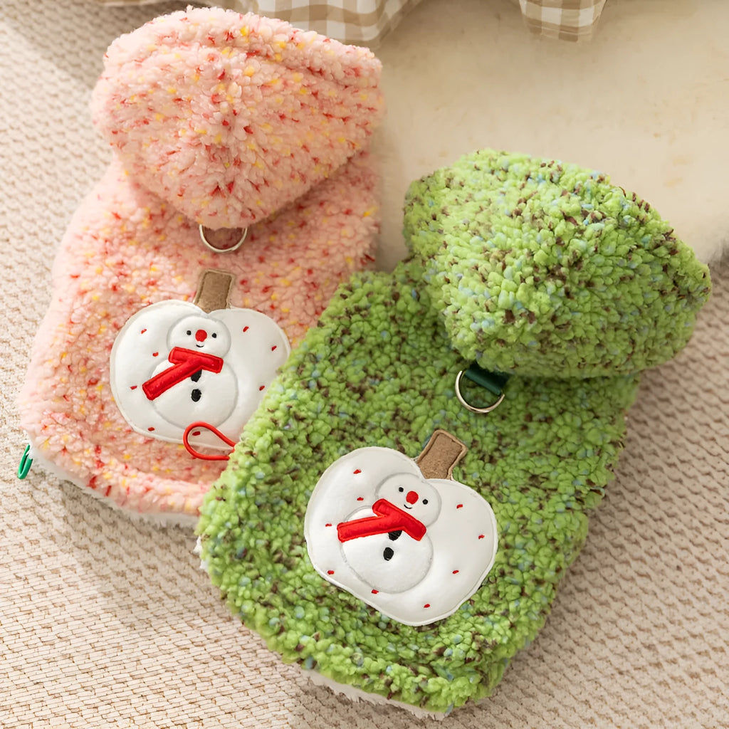 Green snowman embroidered sherpa pet hoodie for small to medium dogs