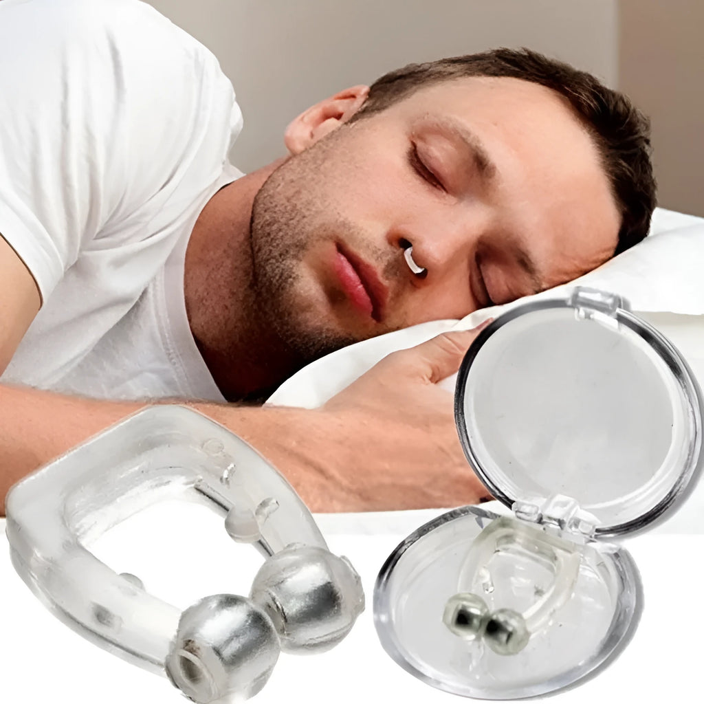 White mini magnetic anti-snoring silicone nose clip with transparent plastic storage box